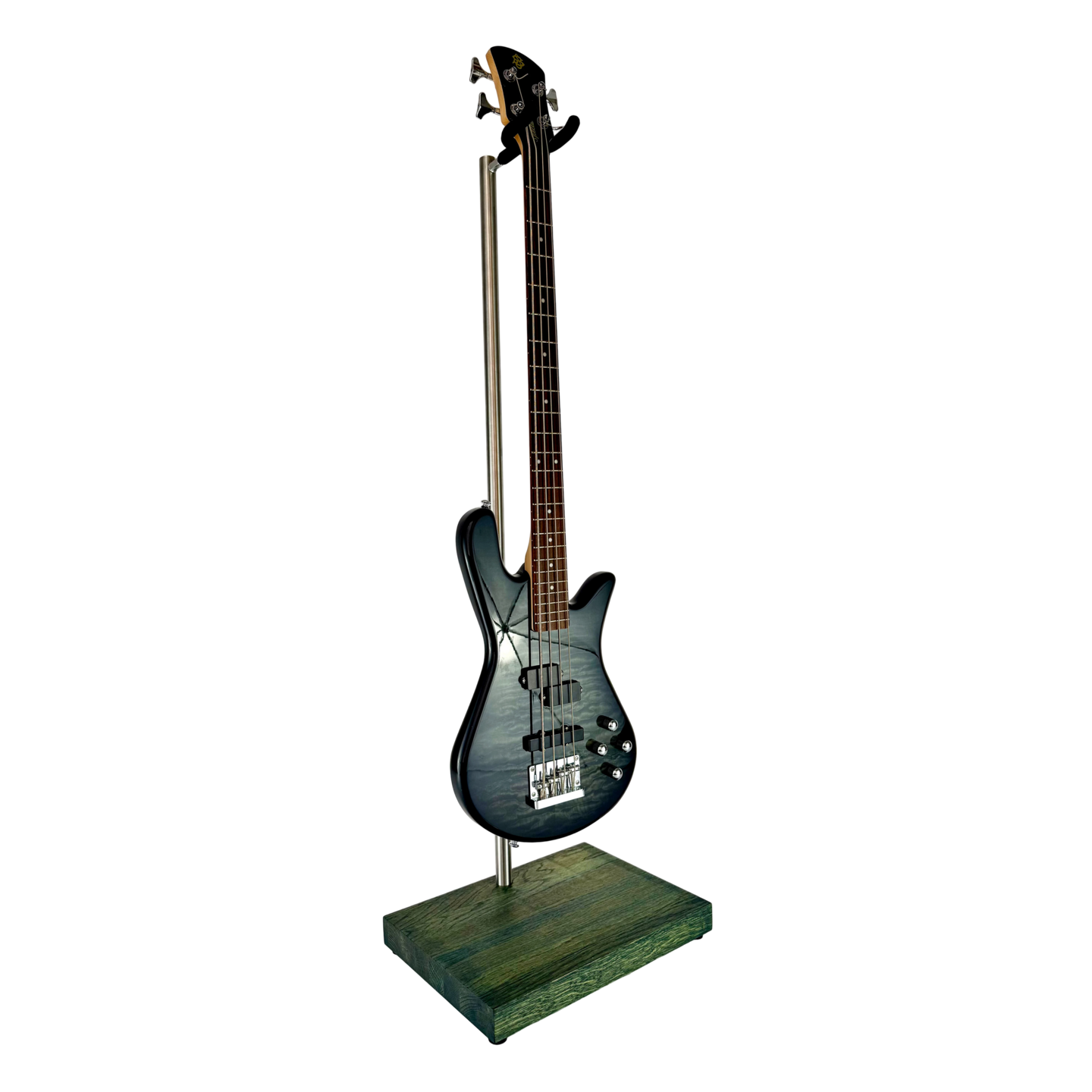 Wooden bass guitar stand with an oak base