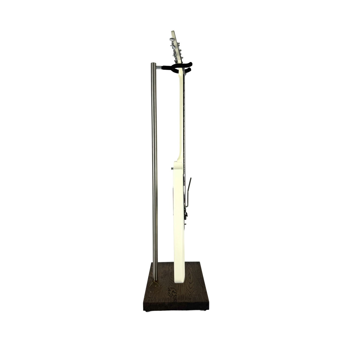 Side view of a handmade wooden electric guitar stand