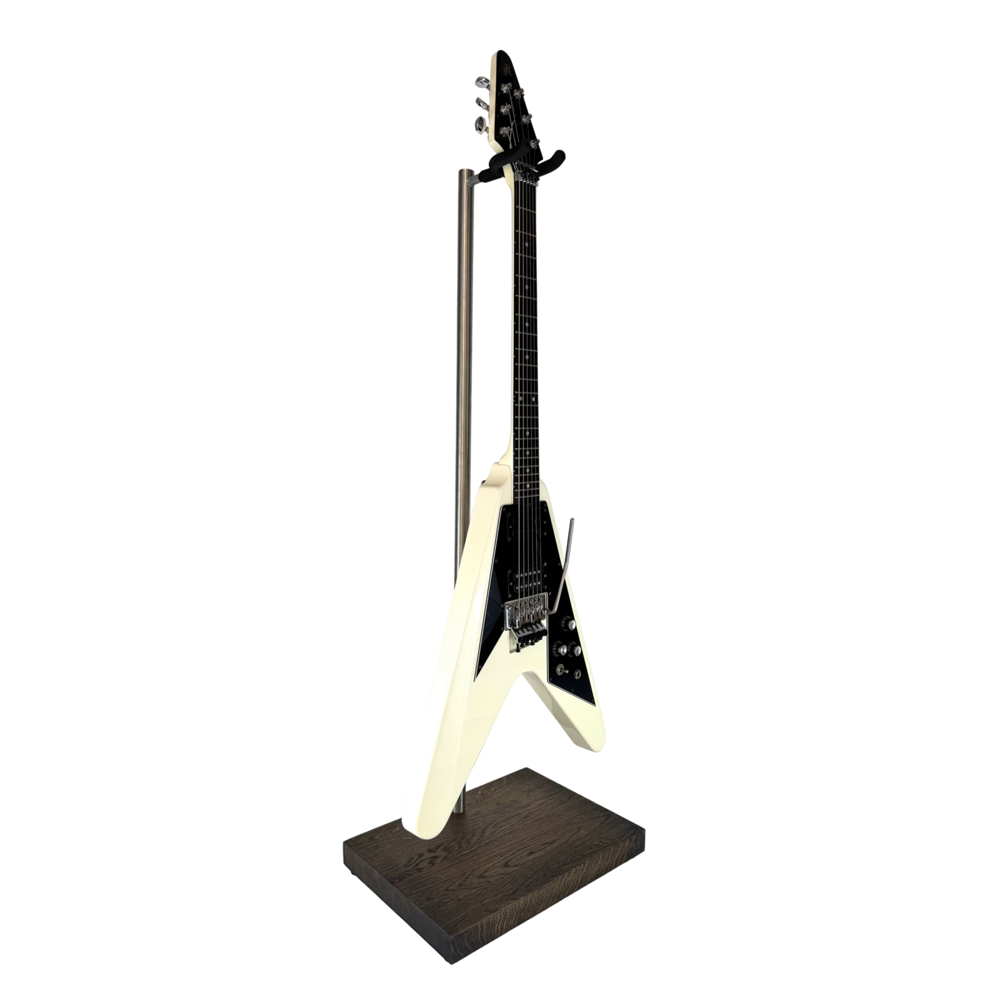 Handmade wooden electric guitar stand with an oak base